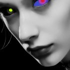 Vivid green and blue eyes on cosmic-themed face portrait