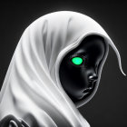 Mysterious Figure with Green Glowing Eye in White Cloak