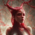 Red-Hued Horned Creature Surrounded by Vein-Like Tendrils