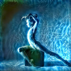 Colorful digital artwork: Ethereal blue girl on stump with glowing energy strands.