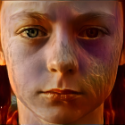 Digital art of young girl with fiery orange eyes and flame-like patterns on skin.