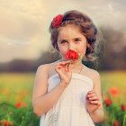 Young girl in white dress with flower crown smelling red rose in sunny field.