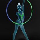 Woman in sheer fabric illuminated by neon lights and circle silhouette.