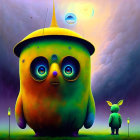 Colorful digital artwork: Large whimsical creature with big eyes meets smaller being under surreal purple sky.