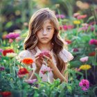 Girl with Dark Hair and White Veil Surrounded by Flowers and Leaves