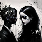 Monochromatic painting of woman and man facing each other in decay theme.