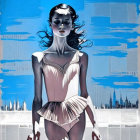 Stylized illustration of woman in cream corset on blue-tinted backdrop