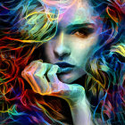 Colorful digital artwork of a woman with cosmic hair in blue, orange, and purple hues