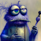 Blue furry creature holding a scepter with a smiling face