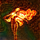 Golden figure dancing in flames with wing-like shapes.