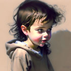 Young Child Digital Painting: Tender Eyes, Curly Hair, Hoodie Smiling