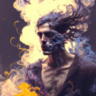 Intense-eyed person in swirling, colorful smoke portrait