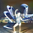 Girl dancing on wet street at night with luminous light trails and city backdrop