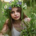 Woman with closed eyes and floral crown in mystical forest setting