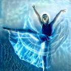 Luminescent-winged girl in mystical blue forest with swirling lights