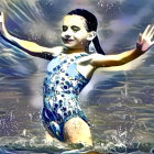 Young girl with pigtails splashing in water surrounded by vibrant paint splatters