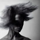 Monochrome artistic portrait of a person with wild, frizzy hair.