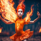 Fiery red-haired woman in orange dress surrounded by swirling flames