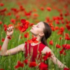 Colorful flowers surround young woman in whimsical portrait