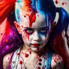 Colorful girl with rainbow hair in pigtails and paint drips on face and white top