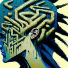 Surreal human profile with open head revealing labyrinth and hand-like structure