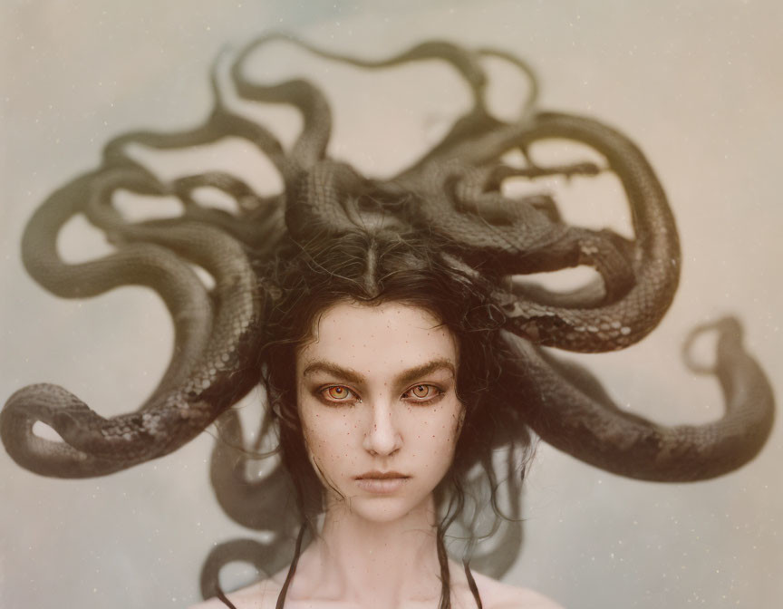 Intense gaze person with snake-like creatures in hair on neutral backdrop