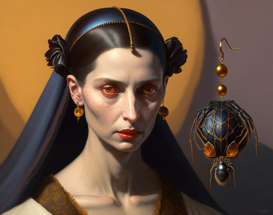 Classic Portrait of Woman with Dark Hair, Headband, Golden Earrings, and Spider Veil