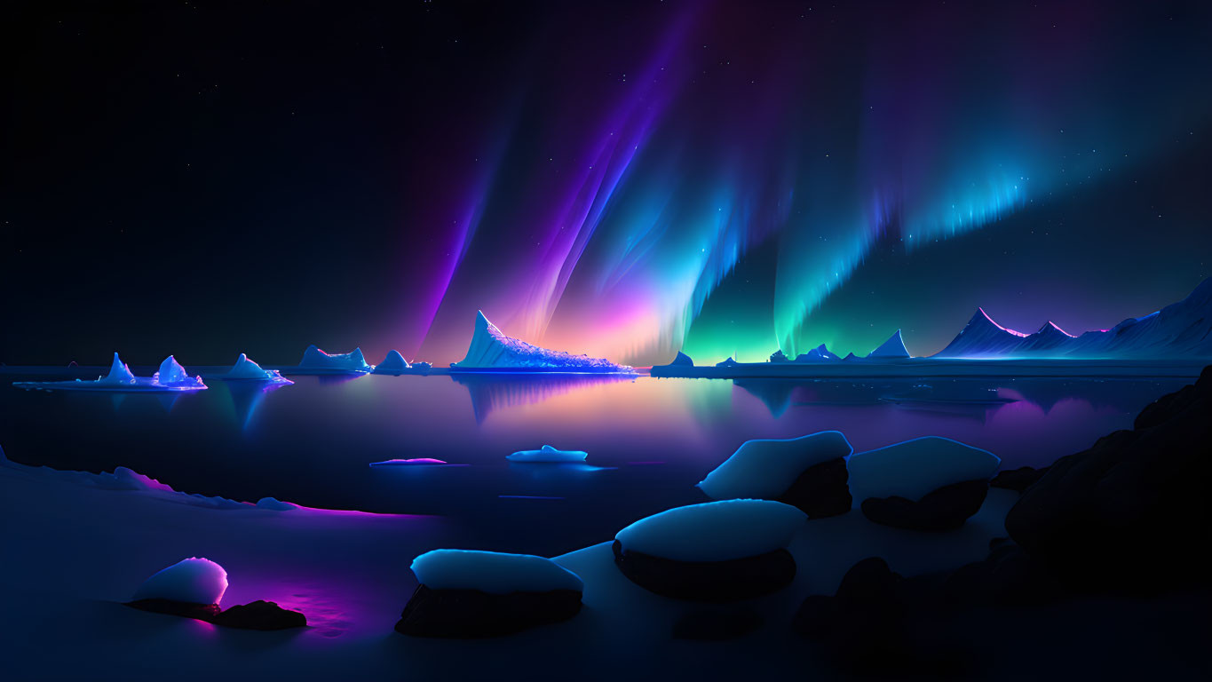 Tranquil night scene with vibrant aurora borealis over icy landscape