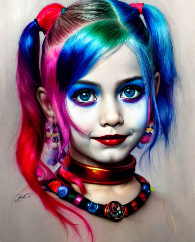 Vibrant multicolored hair portrait with blue eyes and colorful makeup