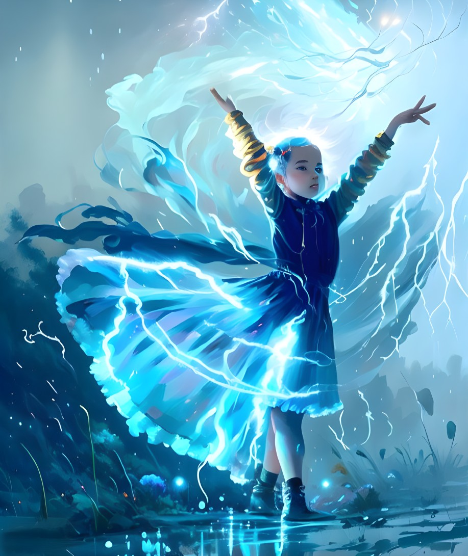 Luminescent-winged girl in mystical blue forest with swirling lights