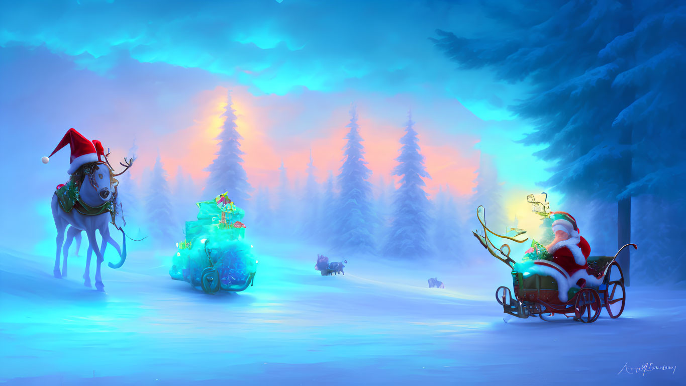 Santa Claus on sleigh with reindeer and rodents in snowy forest landscape