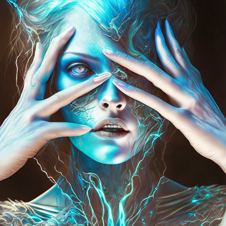 Surreal portrait of woman with blue-tinted skin and glowing veins