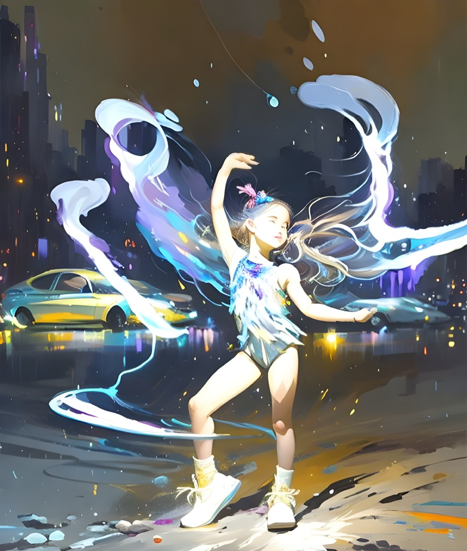 Girl dancing on wet street at night with luminous light trails and city backdrop