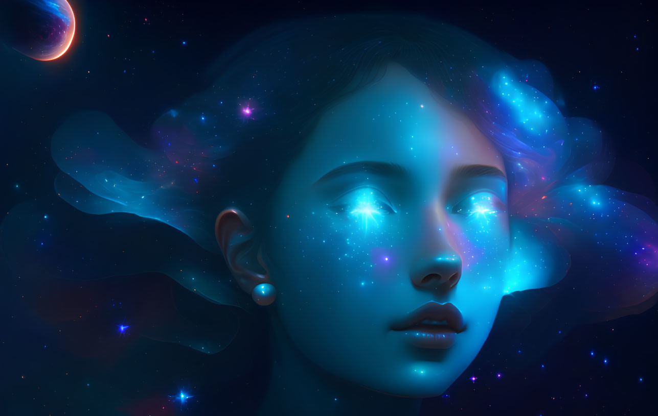 Digital artwork: Woman with glowing eyes and nebula hair in cosmic setting