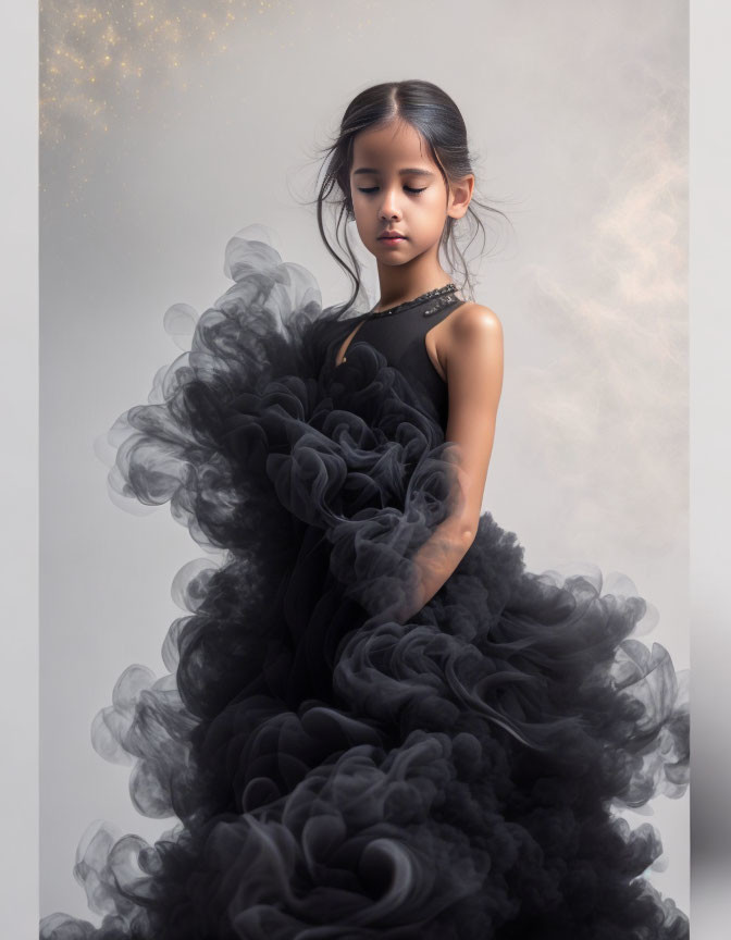 Young girl in black dress with closed eyes and golden glitter on gray background