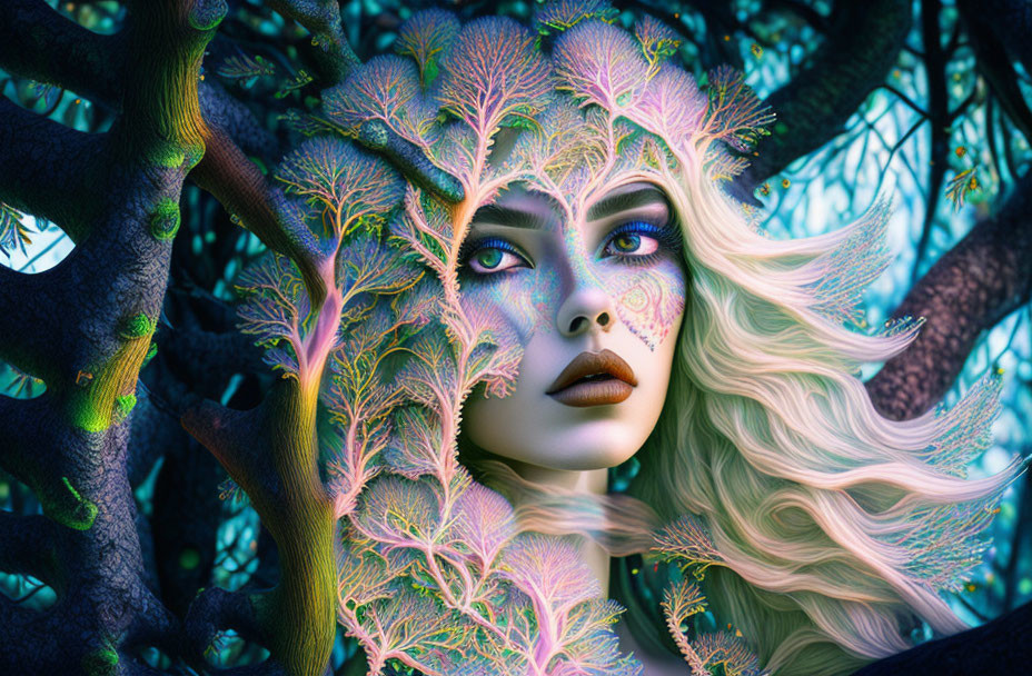 Woman with tree-like features in mysterious forest setting