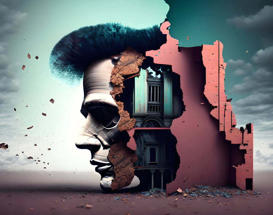 Surreal image: Crumbling building in face profile on desolate landscape