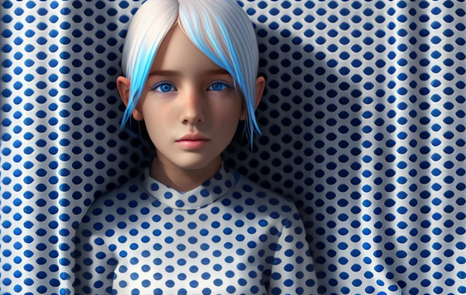 Child digital illustration with blue eyes, white hair, and blue outfit.