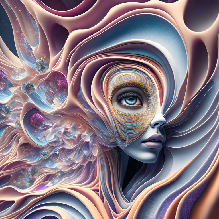 Surreal digital artwork: Female face with intricate patterns and abstract pastel shapes