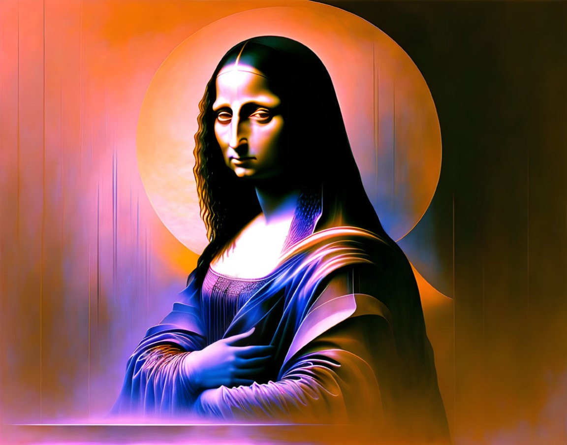 Vibrant modern Mona Lisa with neon colors and glowing halo