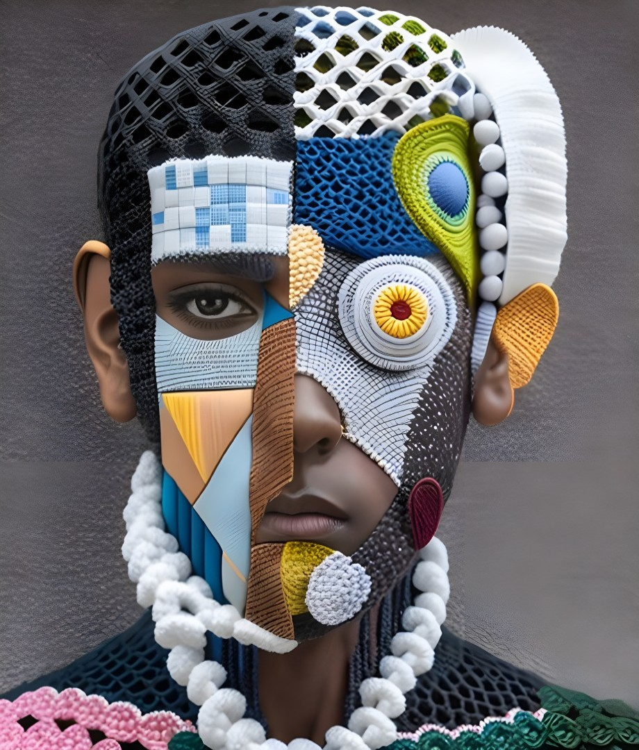 Digital art portrait blending human face with textures and patterns in colorful mosaic.