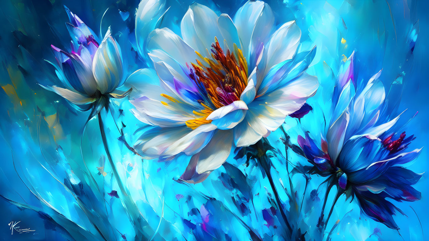 Colorful digital artwork: White and blue flowers on dynamic splatter paint background