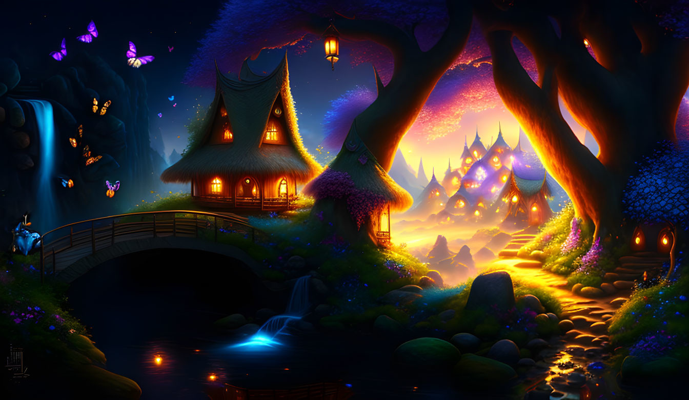 Fantasy night landscape with illuminated cottage, luminous trees, butterflies, and glowing mountains.