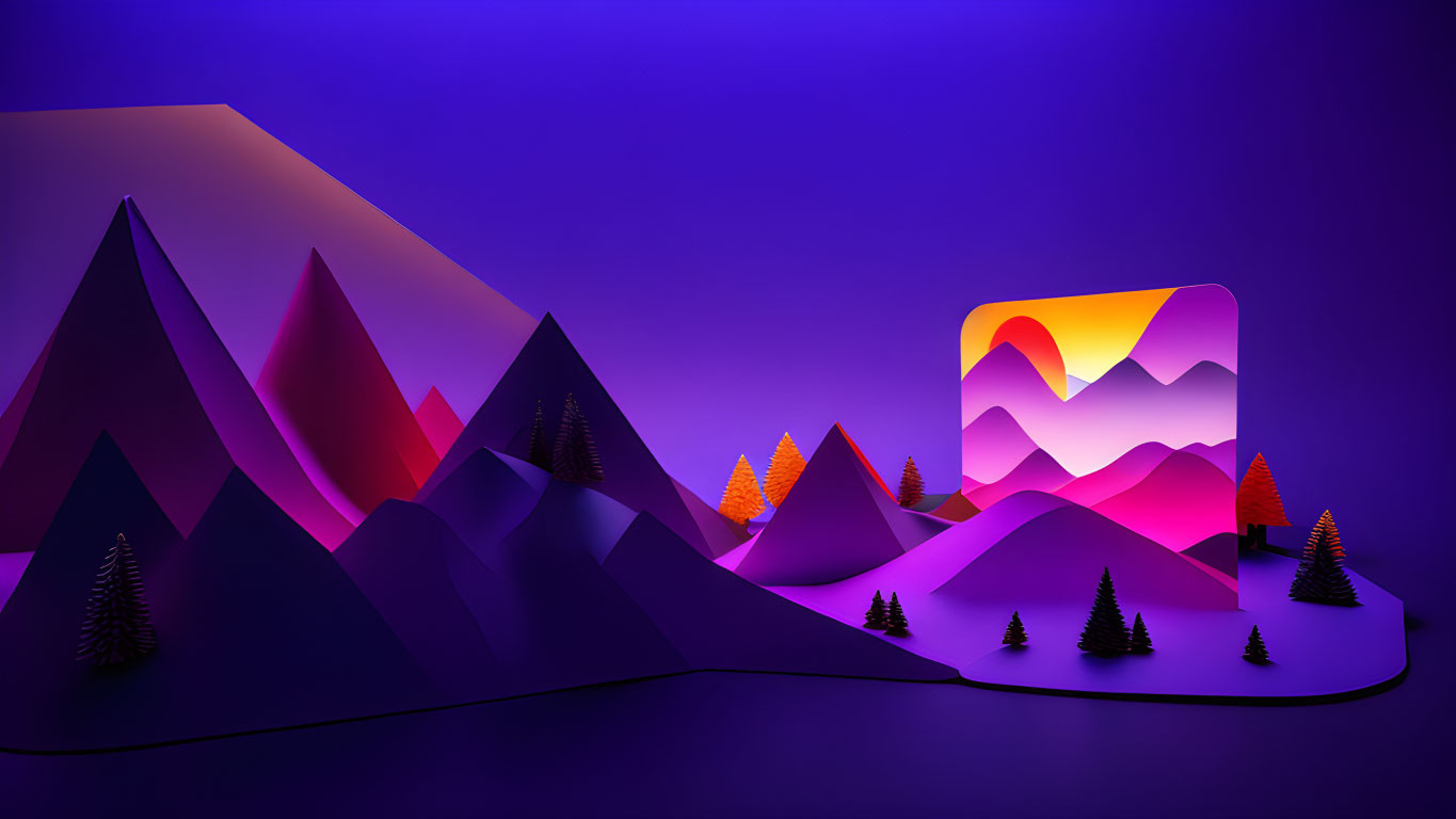 Colorful Stylized Mountain Artwork with Aurora Sky