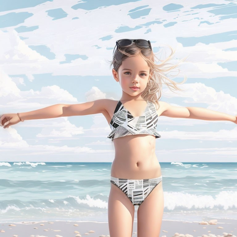 Young girl in black and white swimwear on beach with outstretched arms, sunglasses, windswe