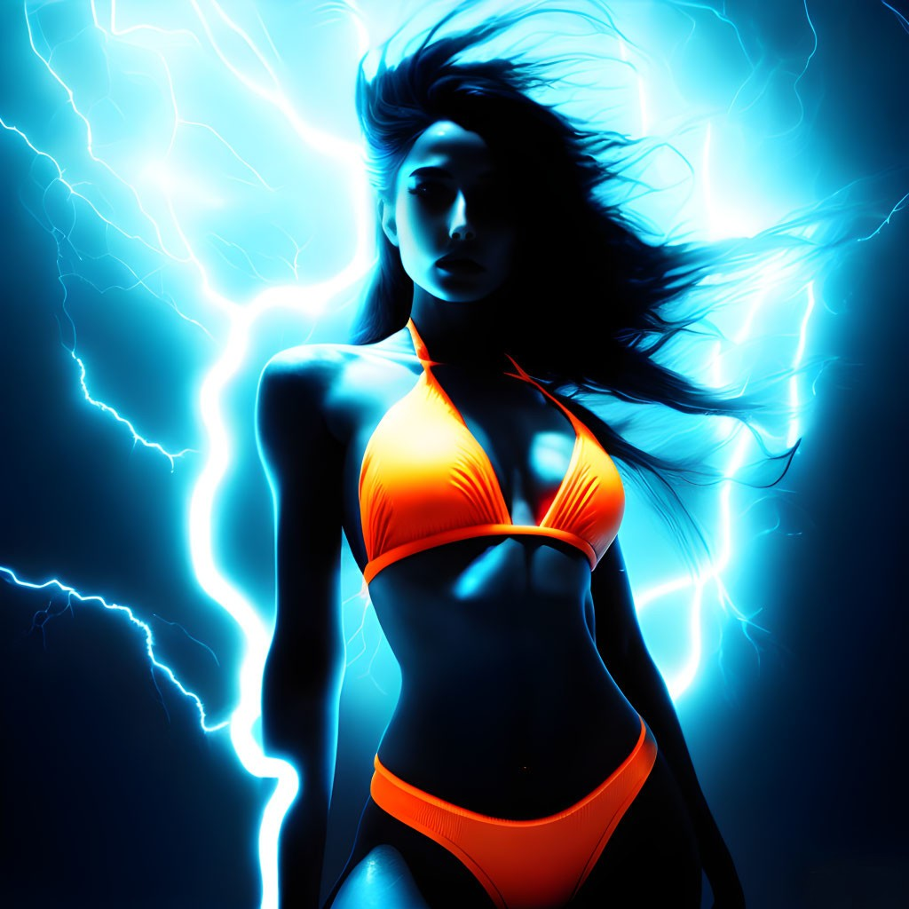 Stylized image of woman in orange bikini against blue background