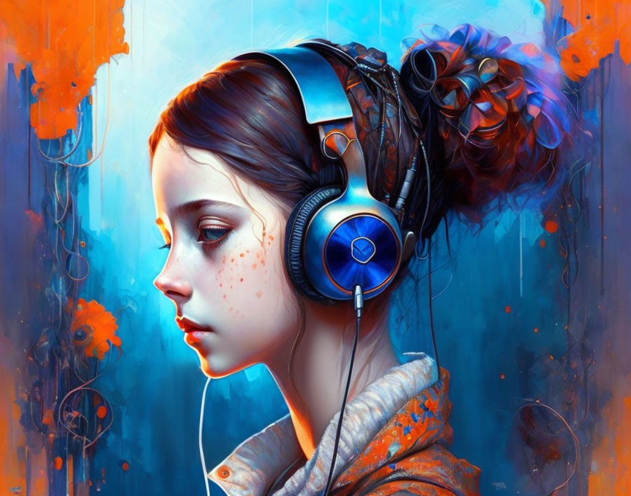 Colorful digital artwork of a girl with headphones in blues and oranges.