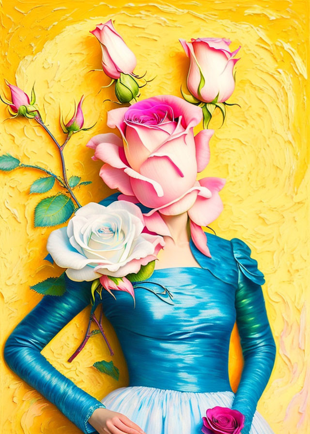 Person covered in roses with bouquet head on yellow background.