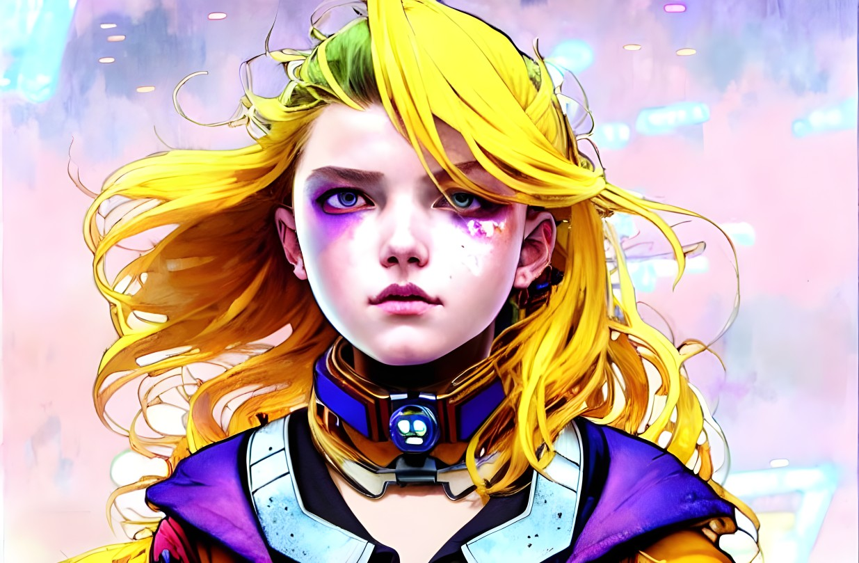 Young girl with yellow hair and purple smudges in futuristic armor with blue emblem.