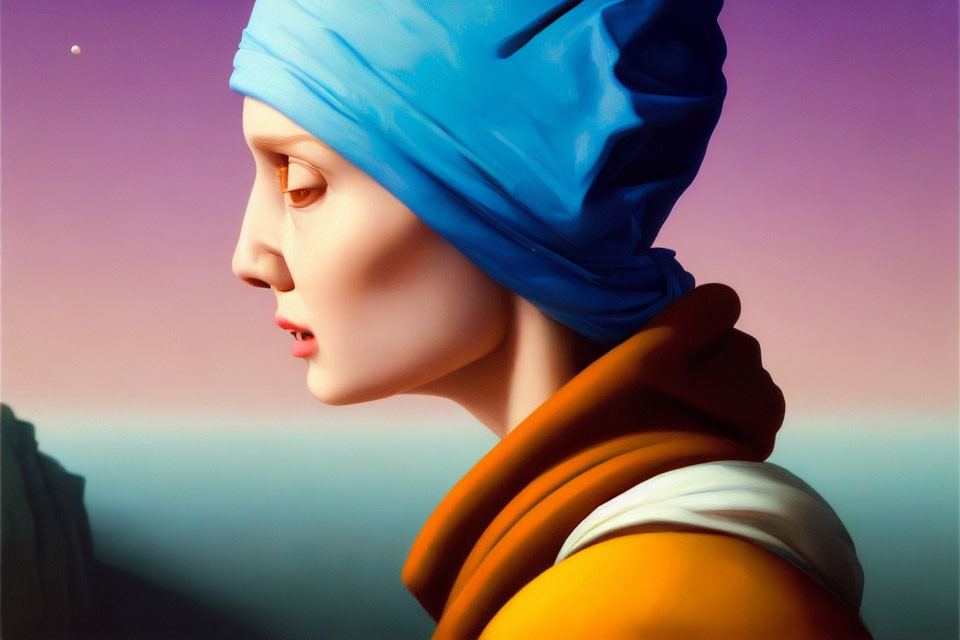 Surreal digital art portrait with blue turban and orange scarf